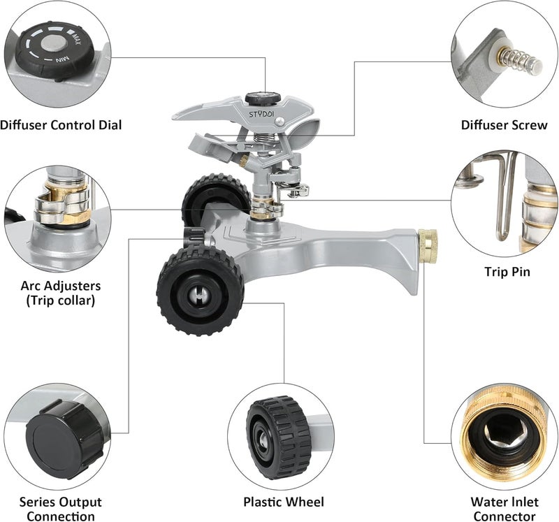 STYDDI Metal Pulsating Sprinkler on in-Series Metal Wheeled Base, Adjustable Circular Water Sprinkler for Medium to Large Circular Lawn, Yard, Garden and Large Areas, Coverage up to 6,360 Sq. ft - Image 5